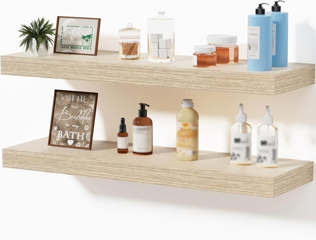 Oak Floating Shelves for Wall, Wall Mounted Wooden Shelves for Bathroom, Bedroom, Kitchen & Living Room, Rustic Storage & Decor Display Shelf for Plants, Books & Towels, Set of 2, 24"x7"x1.5"