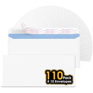 CREGEAR #10 Self Seal Security Envelopes, 110 Count, 4-1/8" x 9-1/2", 24 lb Paper, NO Window, White, Strip and Seal for Privacy & Business