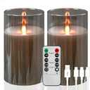 Rechargeable Flameless Candles, Flickering LED Candles, Real Wax Candles with Remote and Timers, Glass Pillar Candles 3D Wick for Wedding Festival Home Decoration, 6" Candle Set of 2,Grey (Gray)