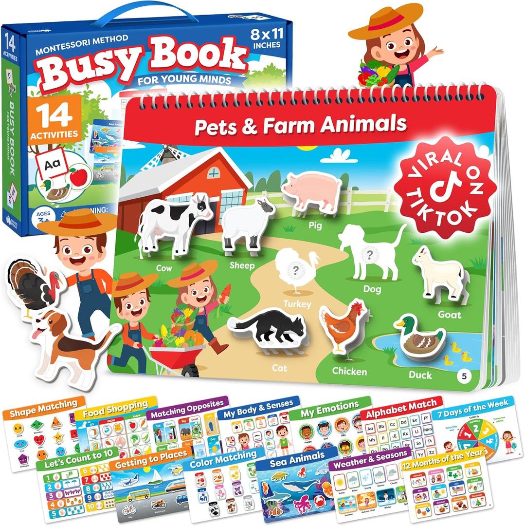 Montessori Preschool Busy Book for Toddlers Ages 3 and Up - Preassembled - Preschool Learning Activities Montessori Educational Toys - Gifts for 3 Year Old Boys, Toddler Learning Toys Activities, Busy Book