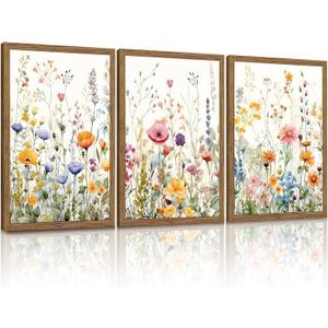 3 Piece Colorful Wildflower Wall Art Set, Framed Spring Wall Decor, Watercolor Floral Painting Canvas Prints, Flower Pictures, Farmhouse Botanical Artwork for Living Room Bedroom 12x16 Inch