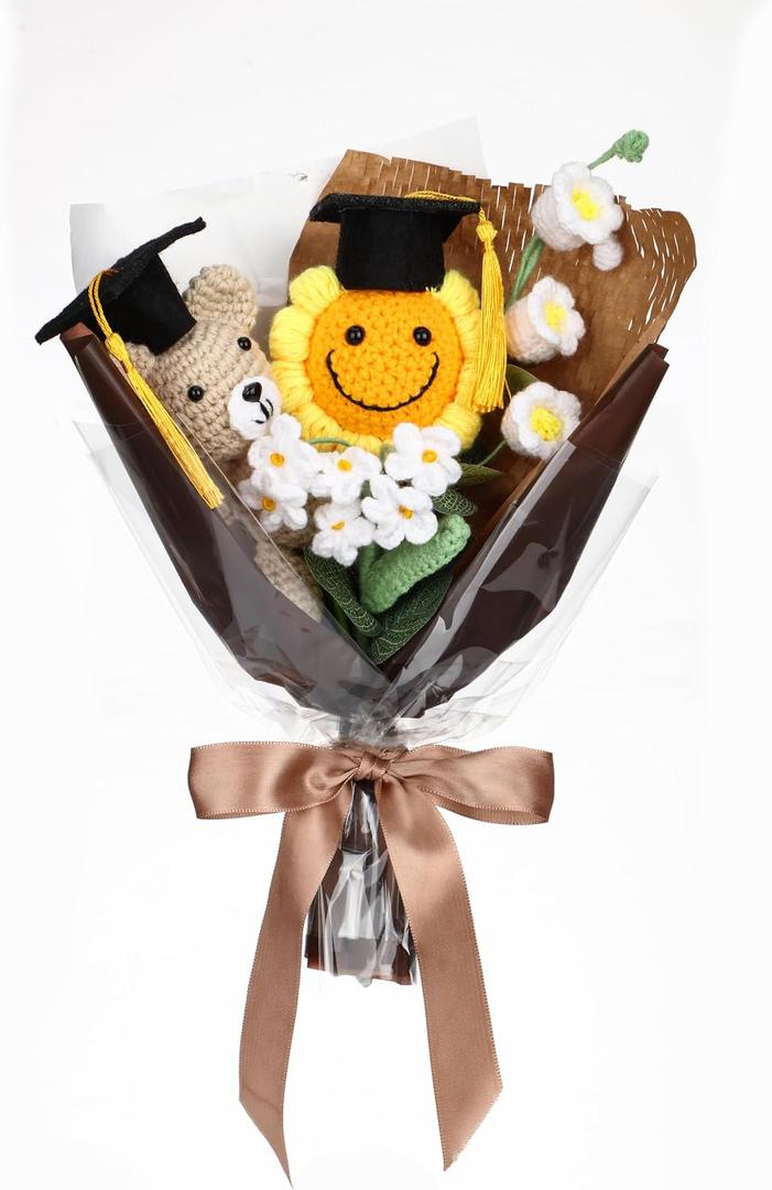 Riceshoot Graduation Gifts Bear Flowers Bouquet 2026 Graduation Bouquet Gift Crochet Bear Artificial Sunflower Set with Greeting Card for Her or Him Grad Party Gifts Favors Supplies