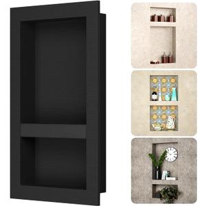 BWE Shower Niche Insert Tile Ready 16" X 28" Rectangle for Shower Wall Prefabricated Waterproof Double Shelves Recessed Niche for Shower Bathroom Storage, Black