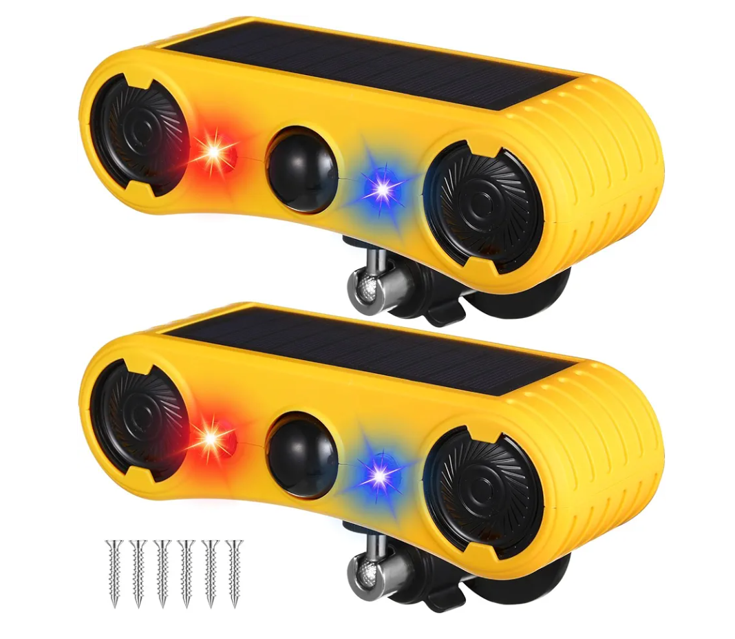 Qualirey Solar Outdoor Motion Sensor Alarm 2 x 129db Loud Noise Maker 13 Sound Detector Strobe Light, 4 Modes Animal Deterrent Dog Barking Alarm Mount on Ground or Fence for Garden Yard(2 Pack)