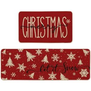 Artoid Mode Xmas Trees Snowflake Let It Snow Merry Christmas Kitchen Mats Set of 2, Winter Decor Low-Profile Kitchen Rugs - 17x29 and 17x47 Inch