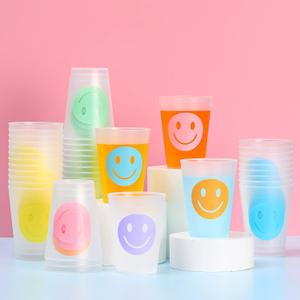 Irenare 72 Pieces 9 OZ Reusable Plastic Smile Pattern Drink Cups Plastic Tumbler Drinking Cups Pastel Cute Plastic Cups for Birthday Picnics Sports Event Wedding Bachelorette Party Decoration
