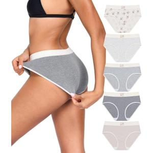 ANLIQI Women's Underwear Pack Mid Rise Cotton Hipster Panties Soft Stretch Breathable Briefs Ladies Cute Printed Bikini Undies (X-Large, 5e Pack-apricot Rabbit*1+light Gray*1+medium Gray*1+dark Gray*1+skin Color*1)