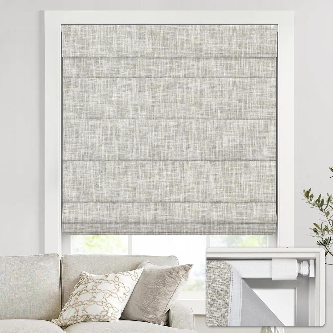 UNISHADES no Drill Cordless Roman Shades for Windows, 48" W 64" H - 100% Blackout - Linen - Beige