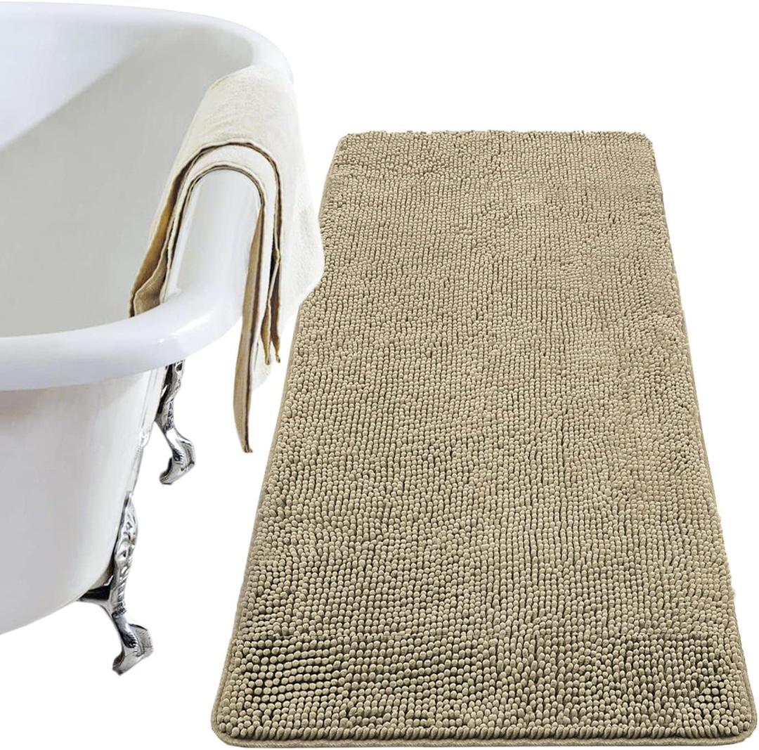 LOCHAS Luxury Bathroom Rug Shaggy Bath Mat 24 x 60 Inch, Washable Non Slip Bath Rugs for Bathroom Shower, Soft Plush Chenille Absorbent Carpets Mats, Beige