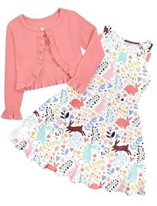 Easter Dresses for Girls 3T 4T Pink Rabbit Summer Dress Long Sleeves Ruffle Cardigan Kids Spring 2Pcs Sundress Child Preschool Casual Cute Outfits for Theme Party Size 3 4