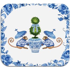 Chinoiserie Dish Drying Mat - Blue And White Porcelain Dish Drying Mat,Chinoiserie Monkey Drying Mat For Kitchen Counter,Coffee Bar Mat,Vintage Chinoiserie Drying Mat,16x17.5 Inch