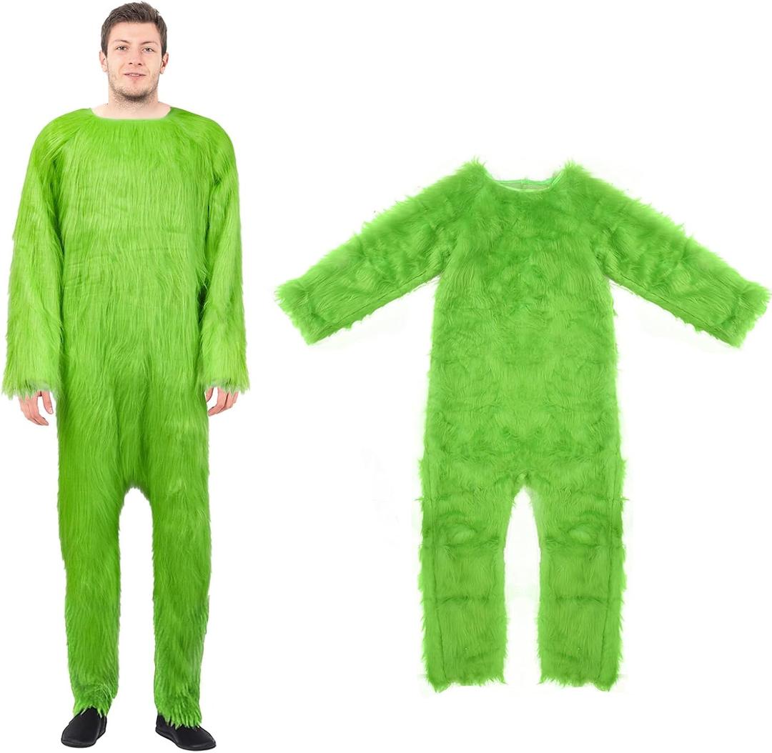 Adults Green Monster Onesie Fancy Furry Santa Jumpsuit Christmas Halloween Cosplay Dress Up Costume for Men Women, Green, Medium