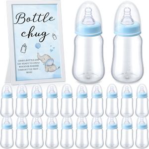 Roowest Bottle Chug Baby Shower Game Favors Including Blue Elephant Theme Wooden Sign and 18 Pcs Baby Bottles for Gender Reveal Party Supplies
