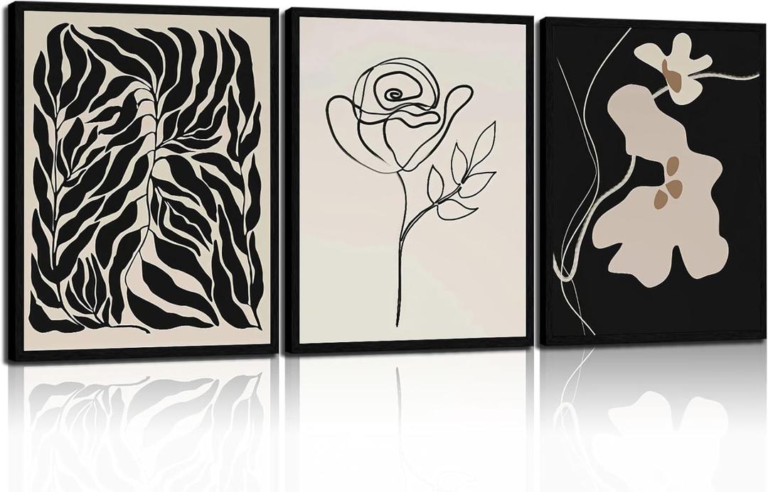 Abstract Botanical Framed Wall Art, 3 Piece Boho Line Art Set, 16x24 | Black, Cream and Taupe Palette Bold Organic Shapes Coordinated Gallery Look Versatile Modern Room Accent