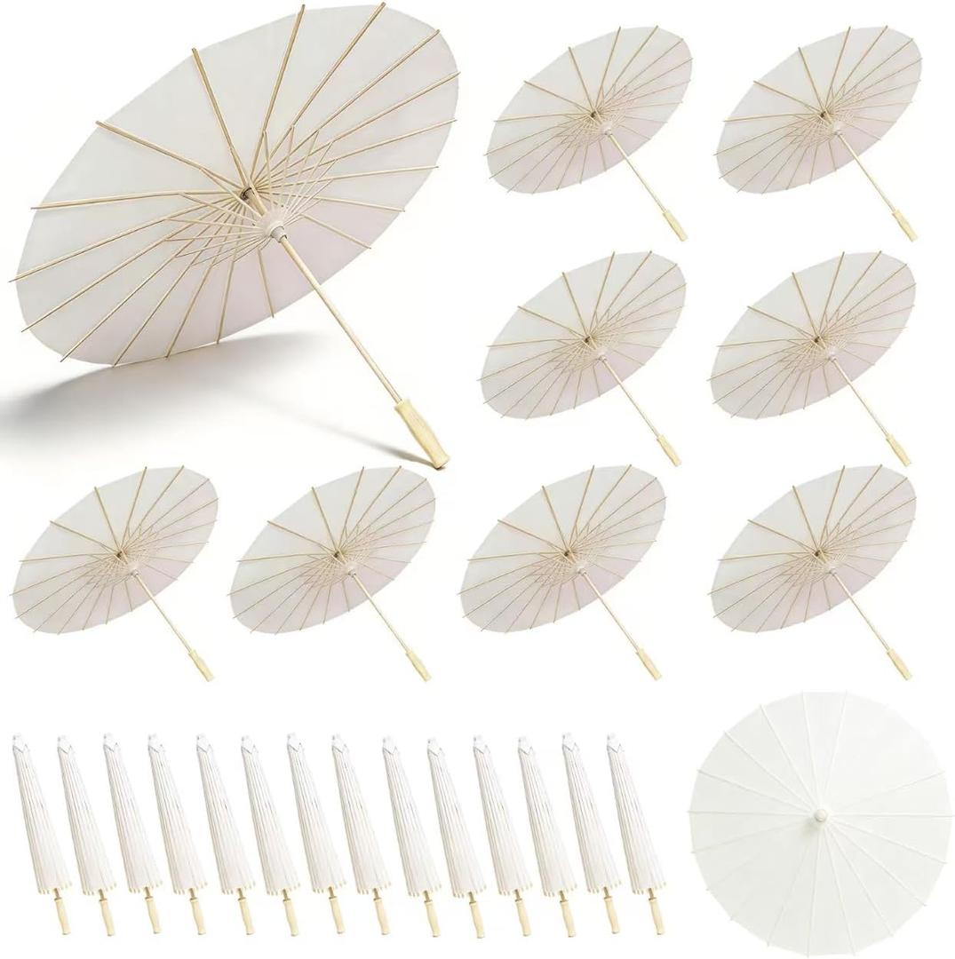 24 Pack White Paper Umbrellas 23.6 Inch Paper Decorative Chinese Japanese Parasol Umbrella DIY Oiled Painting Umbrellas Crafts for Wedding Bridal Party Decor