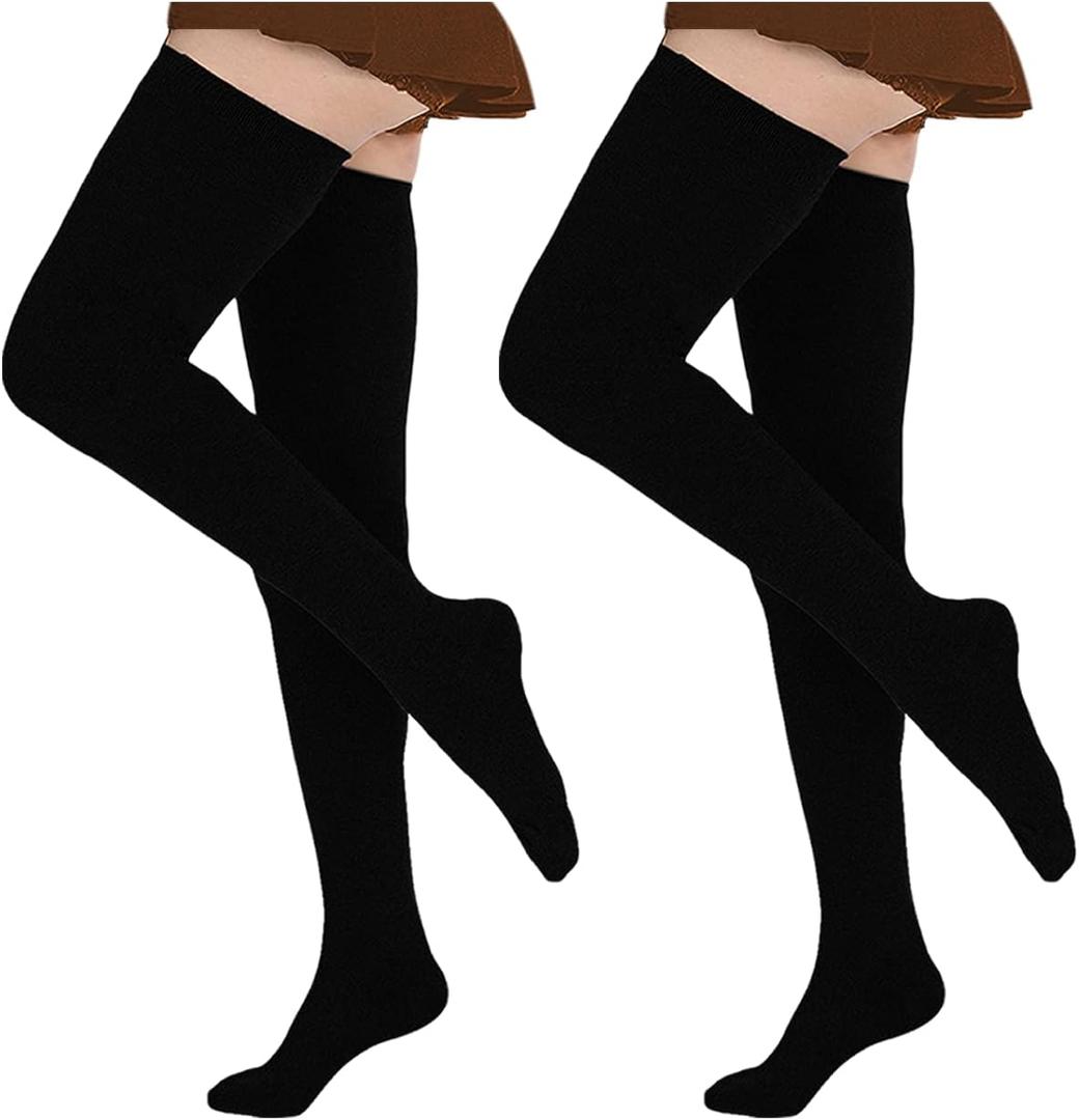 EZFS PLUS Thigh High Socks for Women Extra Long and Thick Over the Knee Cotton Boot Stockings Leg Warmer for Girls (7-15, Black 2 Pairs)