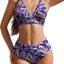 AI'MAGE Women High Waisted Bikini Sets Tummy Control Swimsuits Two Piece Swim Suits 2025 V-Neck Halter Ruched Bathing Suits (Medium, Blue Leaf)