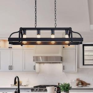 WUZUPS 4-Light Metal Pot Hanging Rack Chandelier Linear Pendant Ceiling Lighting Rustic Farmhouse Fixture Kitchen Island Dining Room, H 9.8" x L 34.6" x W11.8, E26 Base, Black (Black, 4 Lights)