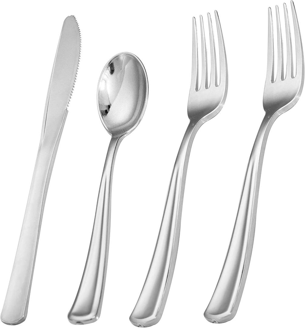 Liacere 200Pcs Silver Plastic Cutlery-Silver Plastic Silverware- Disposable Plastic Silverware - 100 Silver Forks, 50 Silver Spoons, 50 Silver Knives Perfect for WeddingValentine's Day