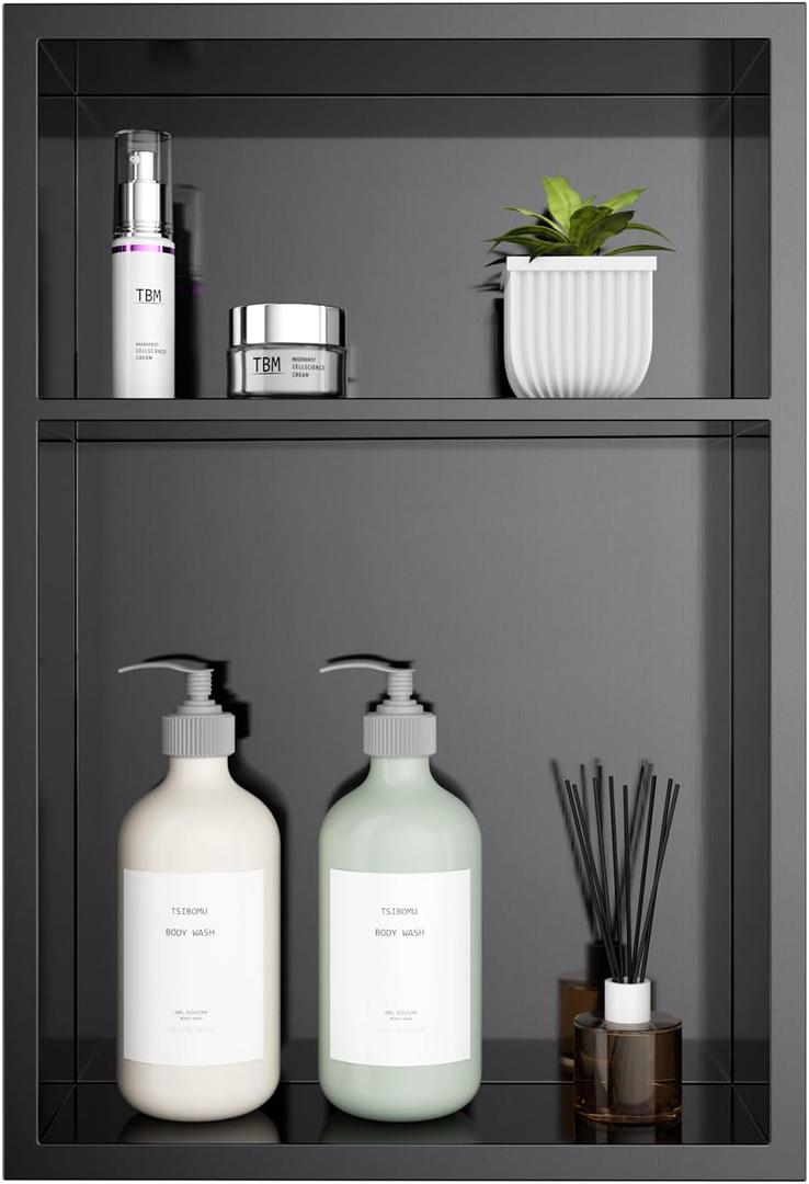 12" x 18" Stainless Steel Shower Niche  Recessed 2-Tier Shower Shelf, 12"x12" Upper & 12"x6" Lower Storage, Modern Bathroom Wall Niche (Black)