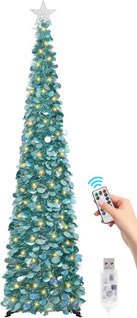6 FT Pop Up Christmas Tree with 100 LED Timer Lights & Remote, Green Collapsible Christmas Tinsel Tree Artificial Pencil Tree Xmas Decoration for Holiday Home Office Party, USB Powered (Holographic Ice Blue)