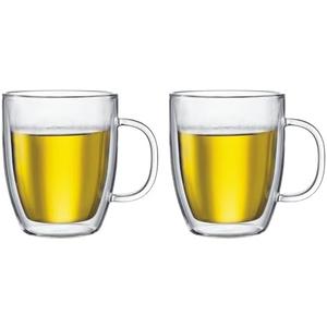 Bodum 15oz Bistro Double Wall Insulated Mug, High-Heat Borosilicate Glass, Clear (2 Pack)