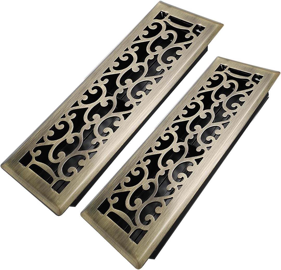 4x14 Inches 2 Pack Heavy Duty Walkable Floor Register - Easy Adjust Air Supply Lever Decorative Floor Vent Covers, Savannah Design Vent Covers for Home - Antique Brass