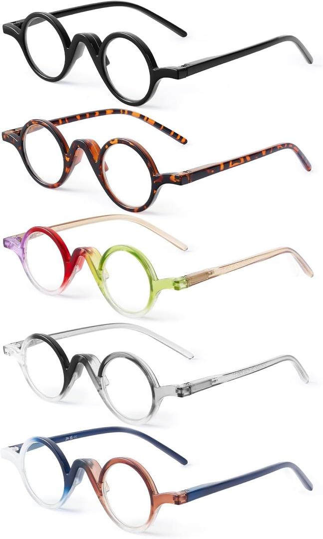 JM 5 Pack Round Reading Glasses for Women Men, Vintage Small Blue Light Blocking Computer Readers with Spring Hinges
