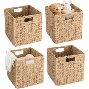 11 inch Cube Storage Bins, Wicker Storage Baskets for Organizing Foldable, 11x11x11inch Square Handwoven Cubby Organizer Bins, Large Collapsible Basket for Shelf Bedroom Living Room, 4 Pack