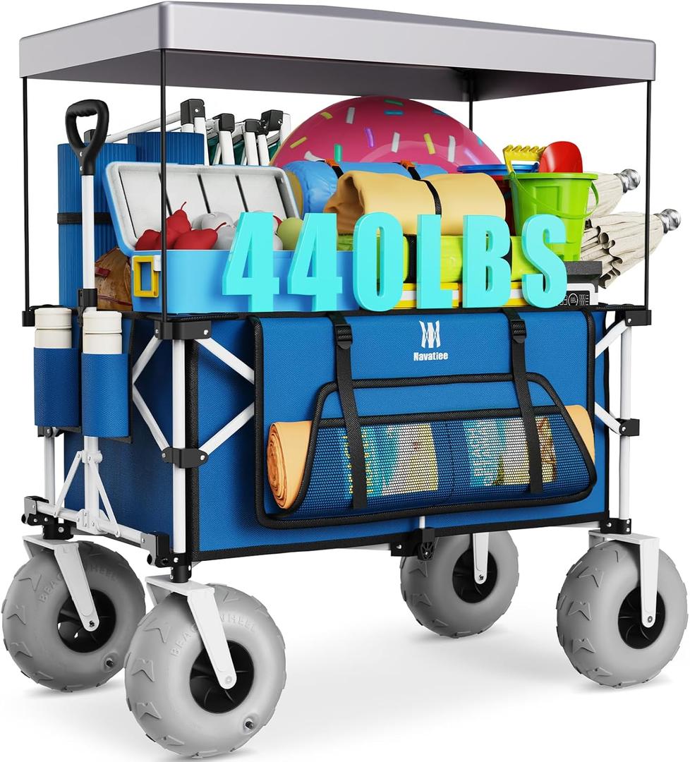 Navatiee Beach Wagon with Big Balloon Wheels for Sand, 200L Extra Large Beach Cart with Canopy, 440Lbs Heavy Duty Folding Wagon Collapsible with 9" Tires & Side Pocket for Beach, Outdoor, Blue