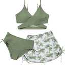 Girls 2 Piece Swimsuits with Skirts Criss Cross Swim Bathing Suits Teen Girls' Swimwear Adjustable Strap Bikini Set (13-14 Years, Green+white Flowers)