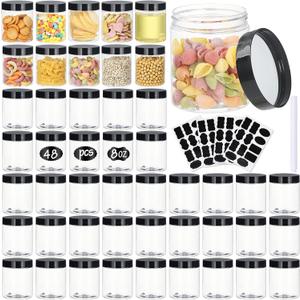 Jars with Lids, 48pcs 8 oz Plastic Containers with Lids Pen Labels Leak Proof BPA Free Airtight Refillable Clear Small Containers Storage Jars for Storing Dry Food Makeup Slime Honey Jam (8oz Black)