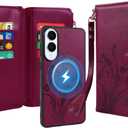 for Samsung Galaxy S25 Edge Case Wallet,Compatible with MagSafe 2 in 1 Magnetic Detachable PU Leather RFID Blocking Wallet Cover Card Holder Zipper Wrist Strap Lanyard,Floral Wine Red