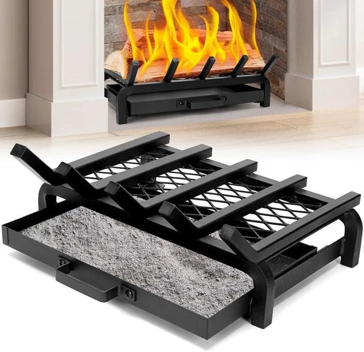 Fireplace Grate 17 Inch- Wood Stove Fireplace Log Grates Set with Ember & Ash Trays Pan, Heavy Duty Wrought Cast Iron Rack Holder Pit for Indoor Outdoor Chimney Hearth