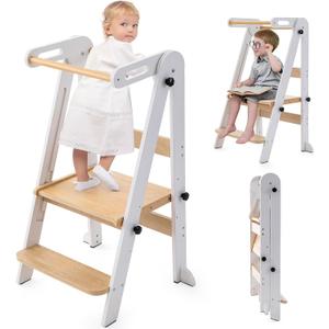 Foldable Toddler Tower, Kitchen Stool Helper, Standing Tower with 3 Adjustable Heights and Non-Slip-Strips, Kitchen Tower for Kids 1.5-6 Years, Montessori Stool for Counter Sink (White)