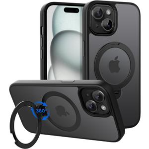 CACOE Magnetic Case for iPhone 15 6.1 inch with 360 Rotatable Ring Stand, Compatible with MagSafe Car Phone Mount, Cases Cover Phone Holder for Desk Meeting/Videos Matte Black