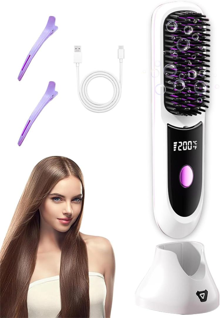 Go Brush Pro Hair Straightener  Cordless Comb with Negative Ion, 6000mAh Fast Heating & Portable Travel Design, Rechargeable Brush for Straightening and Curling (White-1Pcs)