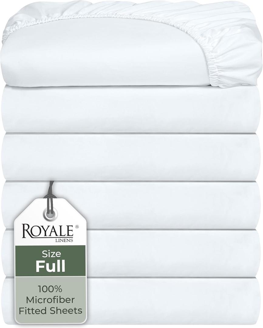 Royale Linens 6 Pack Full Fitted Sheet Set - Bottom Sheet - Ultra Soft & Breathable - Brushed 1800 Microfiber - Wrinkle & Stain Resistant - Hotel Quality Deep Pocket Stretches Up to 16" (Full, White)