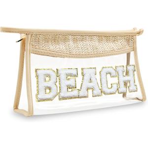 Boho Hand-woven Makeup Bag, Chenille Letter Patch Clear Travel Pouch, Rattan Straw Bag Clear Cosmetic Sunscreen Bags, Women Summer Retro Travel Beach Bag Essentials (Boho Beige)