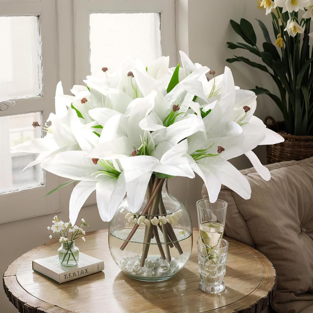 Hotop 36 Pcs Easter Lily Faux Flowers Realistic Artificial Lily Flowers for Wedding Home Party Easter Garden Shop Wedding Arrangement Office Decoration Bouquets (White)