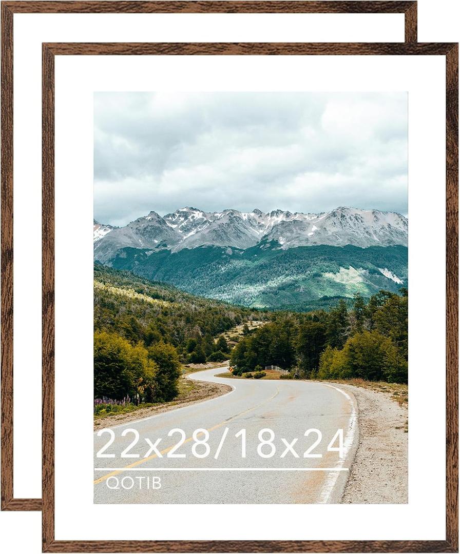 Wood 22x28 Picture Frame with 18x24 Mat, Display 18x24 with Mat or 22x28 Without Mat, Wood 22 by 28 Photo Frame, 22 x 28 Frame for Wall Hanging Display, Deep Brown, 2 Pack