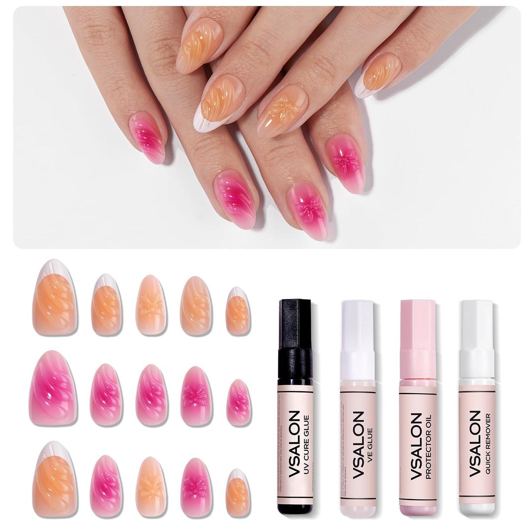 VSALON Press-On Nails Short Almond - 32 PCS French Tip Cream Finish Main Nails in 16 Sizes & 10 PCS Alternative Nails - Fake Nail Kit with UV Glue, Easy Tabs, Nail Glue & Remover (Barlow Girl)