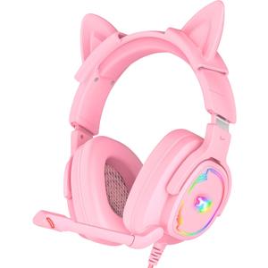 Jimonyer Gaming Headset for PC/PS4/PS5/Xbox One/Switch, Stereo Surround Sound Gaming Headphones with Noise Canceling Flexible Mic, Computer Headset with 3.5mm Jack & RGB Light (PinkCat)