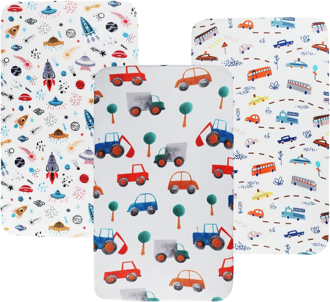 Pack n Play Sheet Stretchy Fitted Portable Mini Crib Sheets Set 3 Pack,Playard Sheets Convertible Playard Mattress Cover,Ultra Soft Jersey Material,Rocket Satellite,Car & Bus