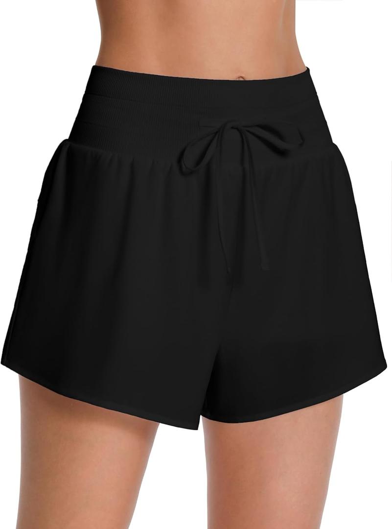 ATTRACO 3" High Waisted Swim Shorts Women Board Shorts for Swimming Beach Bathing Suit Bottoms with Liner (X-Large, Black)