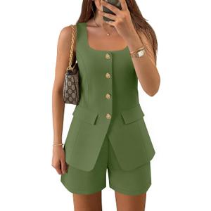 ZESICA Womens Summer 2 Piece Short Sets 2026 Suit Vest Tops Matching Set Business Casual Dressy Outfits (Green, L)