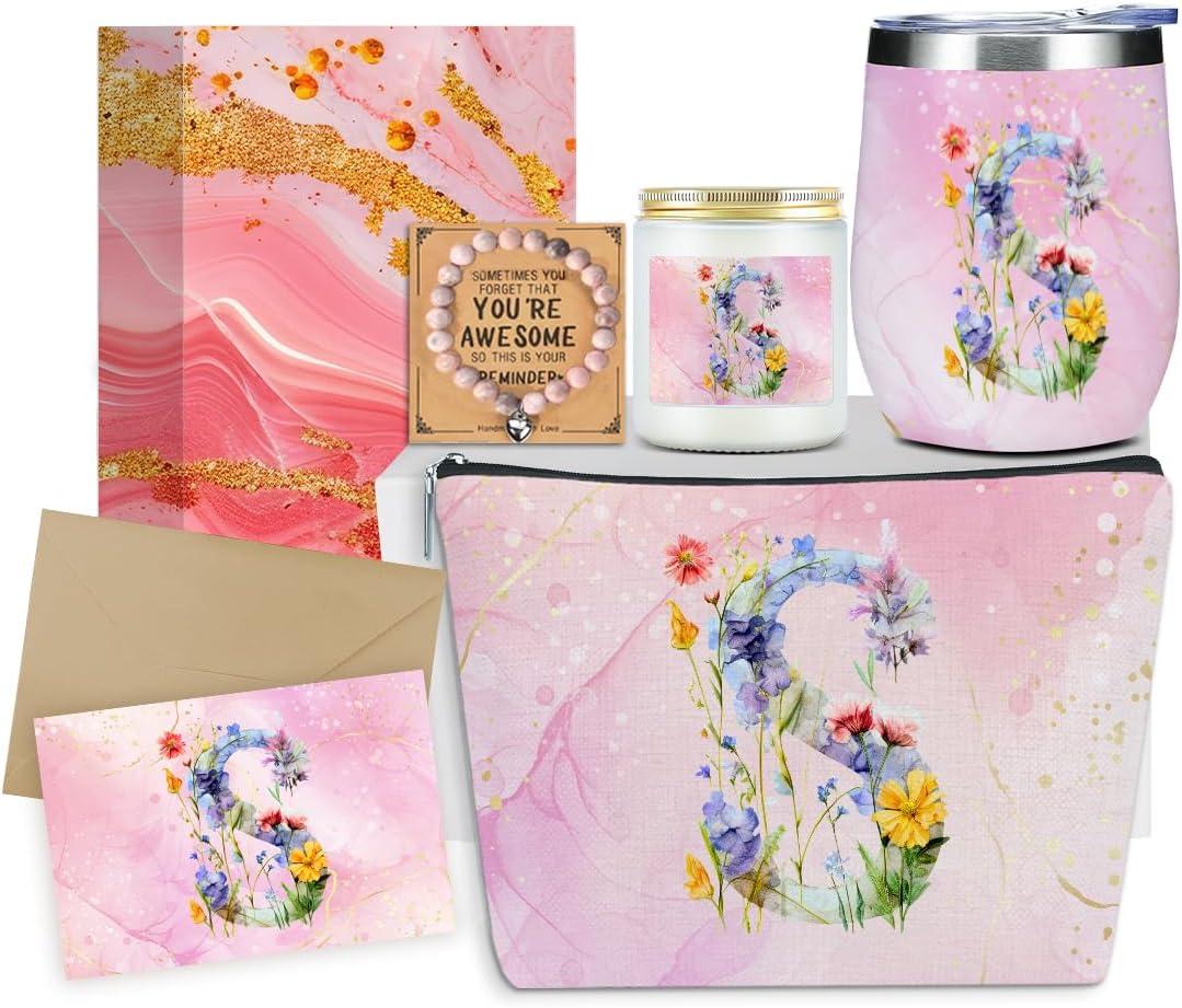 Personalized Gifts Monogrammed Birthday Gifts for Women, New Mom, Grandma Valentine's Day Thank You Christmas, Initial Wine Tumbler Makeup Bag Scented Candle Bracelet Set, (Aesthetic Pink Flower S)