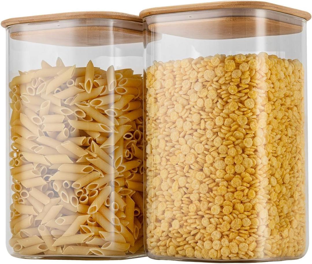 D2scrma 156oz Airtight Glass Square Storage Canister with Bamboo Lid Set of 2(4600ml*2) Large Gallon Glass Jars for Sugar, Flour, Cookies and Coffee beans (with Black Lable)