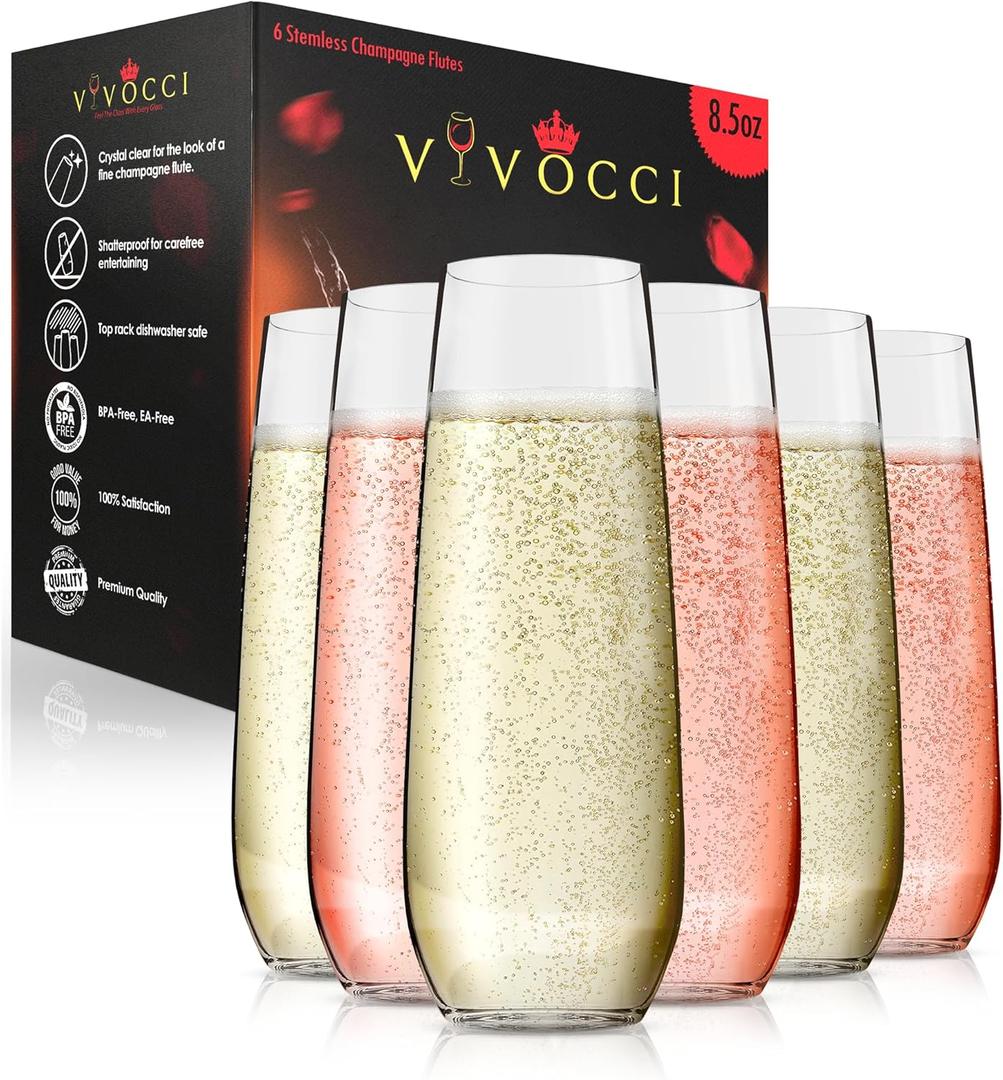 Vivocci Unbreakable Tritan Plastic Stemless Champagne Flutes 8.5 Oz - Reusable Glassware - Ideal for Mimosas, Cocktails & Sparkling Wine - Dishwasher-Safe - Wedding & Birthday Party Glasses - Set of 6