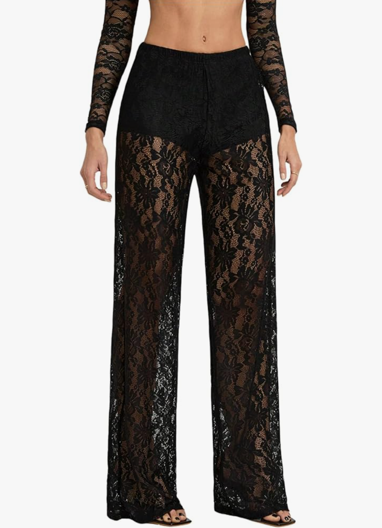 Women's Y2K Floral Lace See Through Pants Sheer Straight Leg Long Pants Club Wear, Size Small